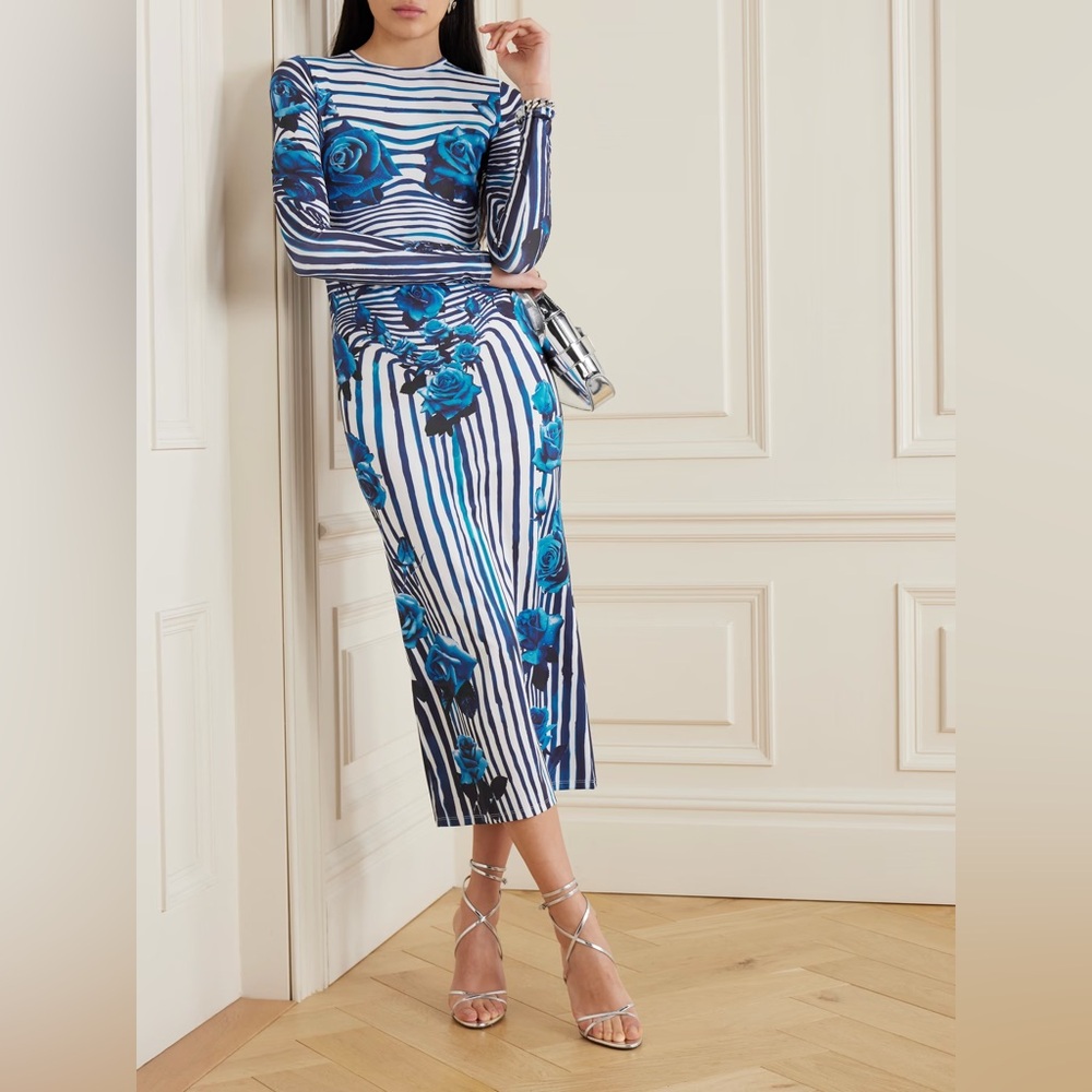 Jean Paul Gaultier Blue and White Striped Floral Dress size Large